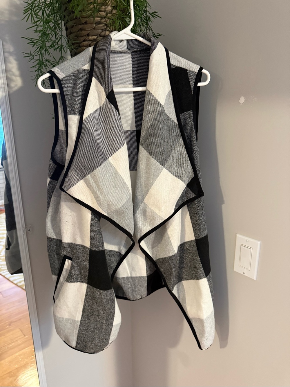 Black & White Plaid Draped Vest - Women Jackets & Coats